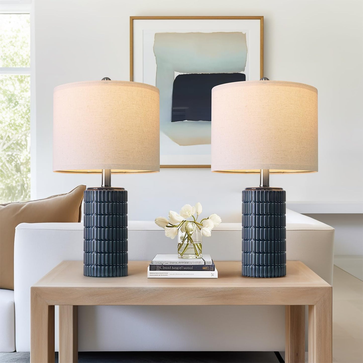 PoKat 20.75" Small Blue Table Lamps, Farmhouse Bedside Lamps for Bedroom Set of 2, Ceramic End Table Lamps for Night Stands Living Room, Modern Nightstand Desk Lamps, Dark Blue