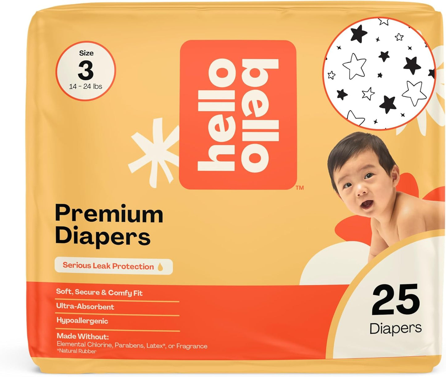 Hello Bello Diapers, Size 3 (14-24 lbs) Superstars, 25 Count of Premium Disposable Baby Diapers, Hypoallergenic with Soft, Cloth-Like Feel
