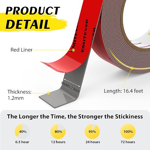 EMITEVER Heavy Duty Double Sided Tape 2 Rolls, 1 Inch x 16.4FT Acrylic Foam