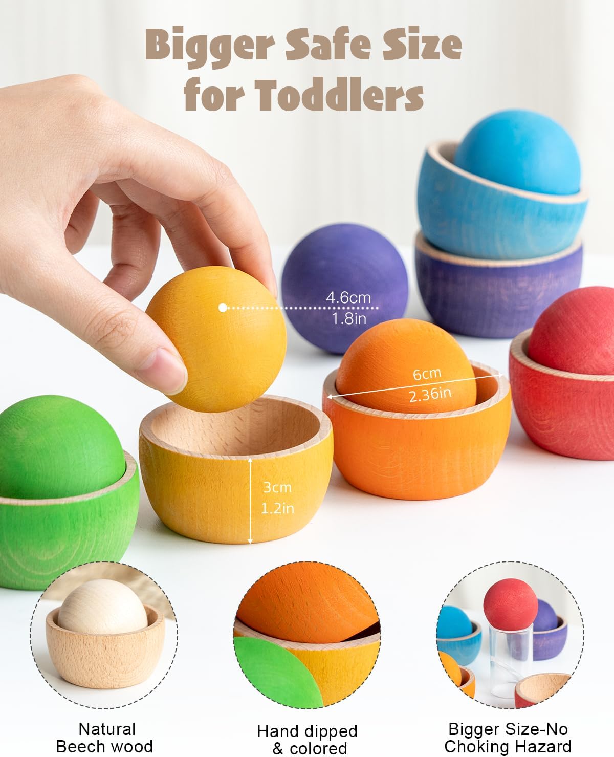 Ball in Cup Toddler Montessori Color Sorting Toy Wooden Ball Toy Learning Color and Matching for Kids with 6 Toddler Safe Balls and Cups