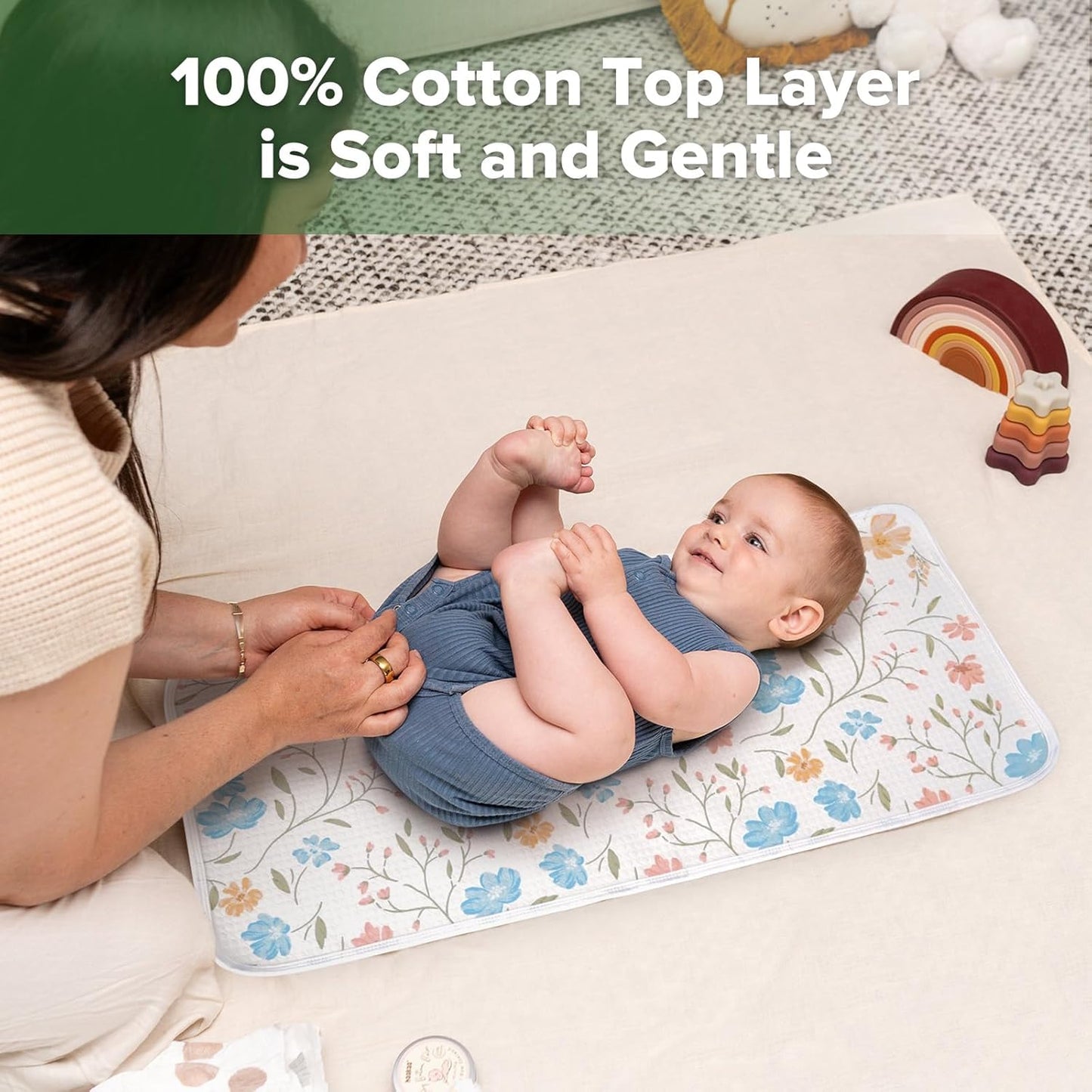 haakaa Waterproof Changing Pad Liners, 100% Cotton, Soft & Breathable (2pcs, 13" x 27.5" Garden Flow+Checkered Days)
