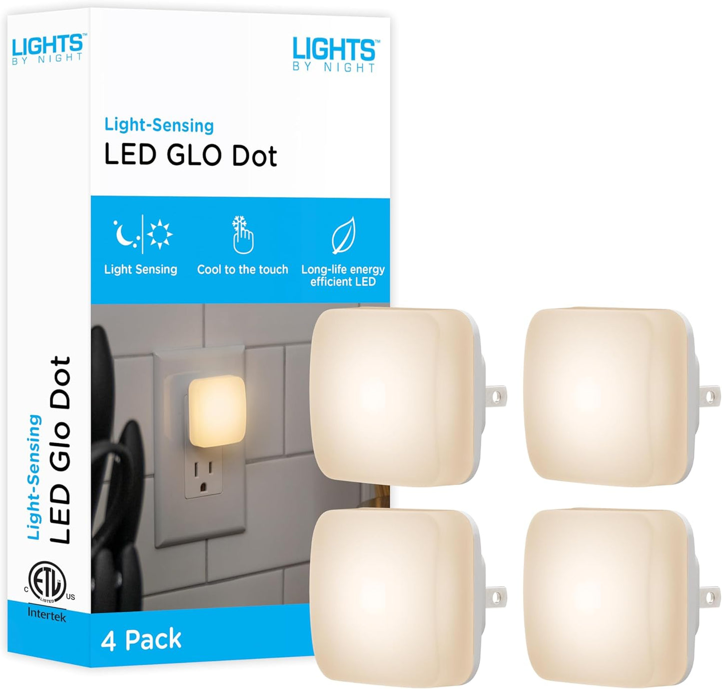 Lights By Night Mini Square LED Night Lights Plug Into Wall, Dusk to Dawn Sensor, Compact, Ambient Lighting, for Kids or Adults, Bedroom, Bathroom, Nursery, Hallway, 4 Pack, 82488