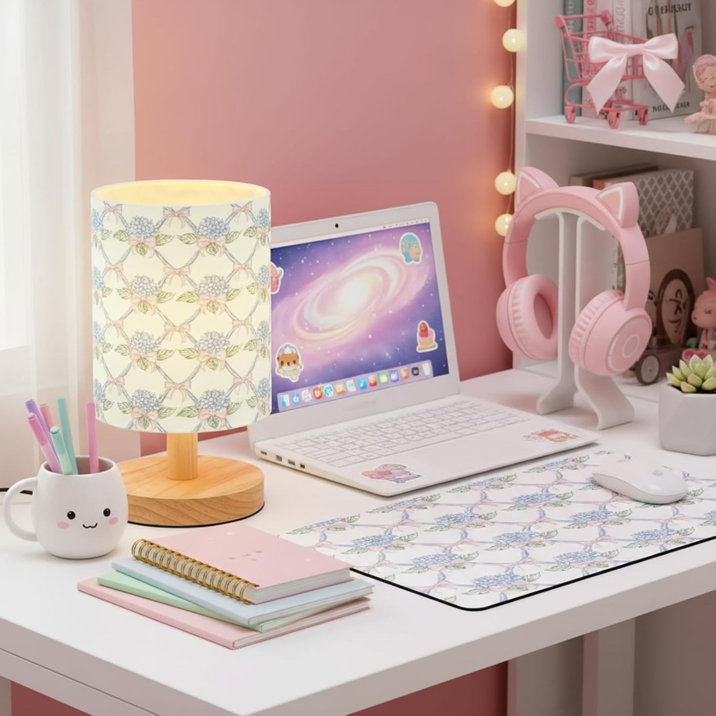 VIHOSE Blue Hydrangea Kids Table Lamp for Bedroom Kids Bedside Lamp with Linen Wooden Nightstand Cartoon Nursery Lampshade for Girls Boys Living Room