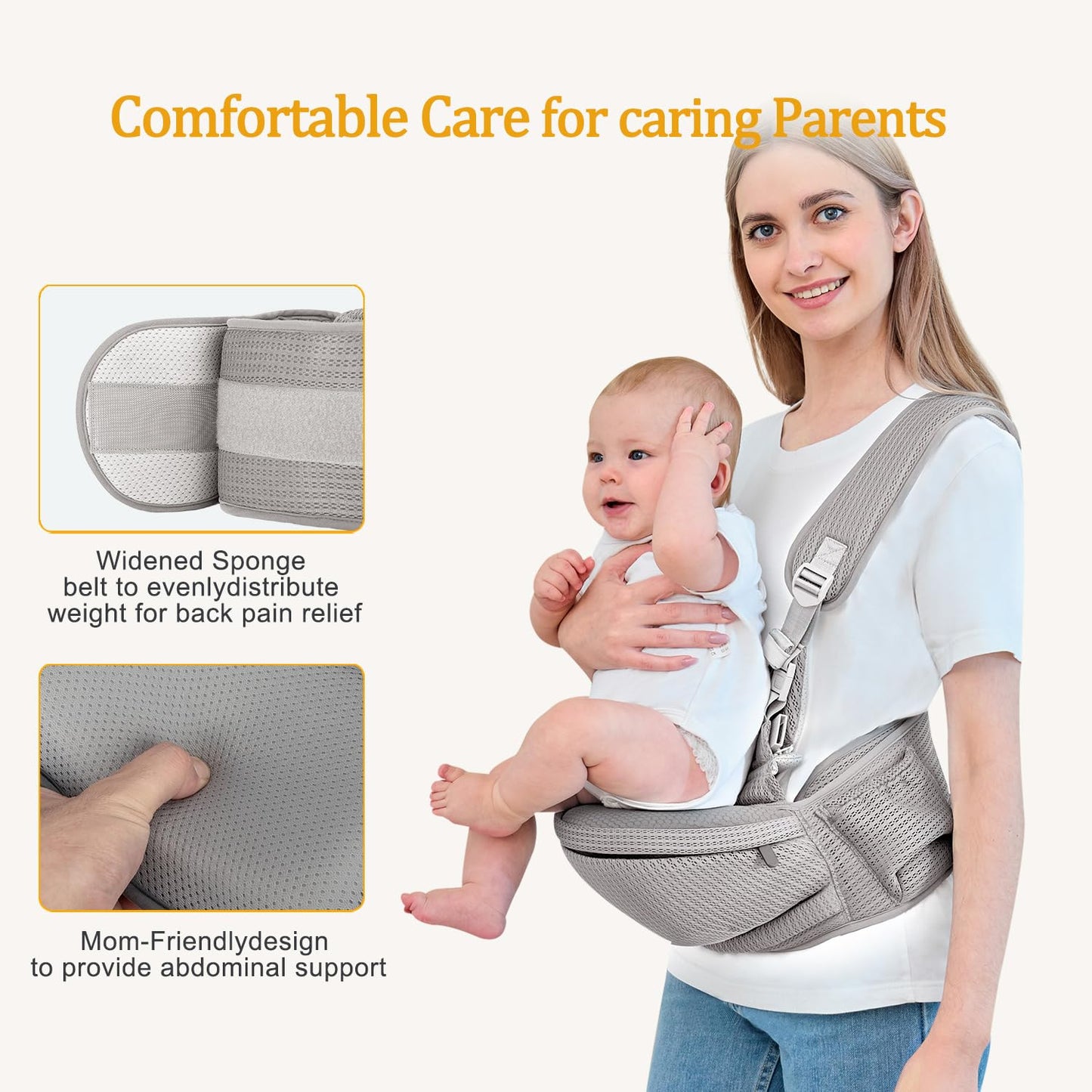 Baby Hip Carrier - Hip Carrier for Baby with Baby Safety Strap - Toddler Carrier 7-45 lbs - Ergonomic Infant Holder Baby Carrier with Hip Seat Large Capacity Pockets（Light Grey）