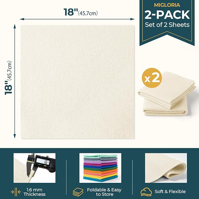 Felt Fabric Sheet 18 x 18 Inch, 1.6mm Thick | Soft and Flexible Nonwoven