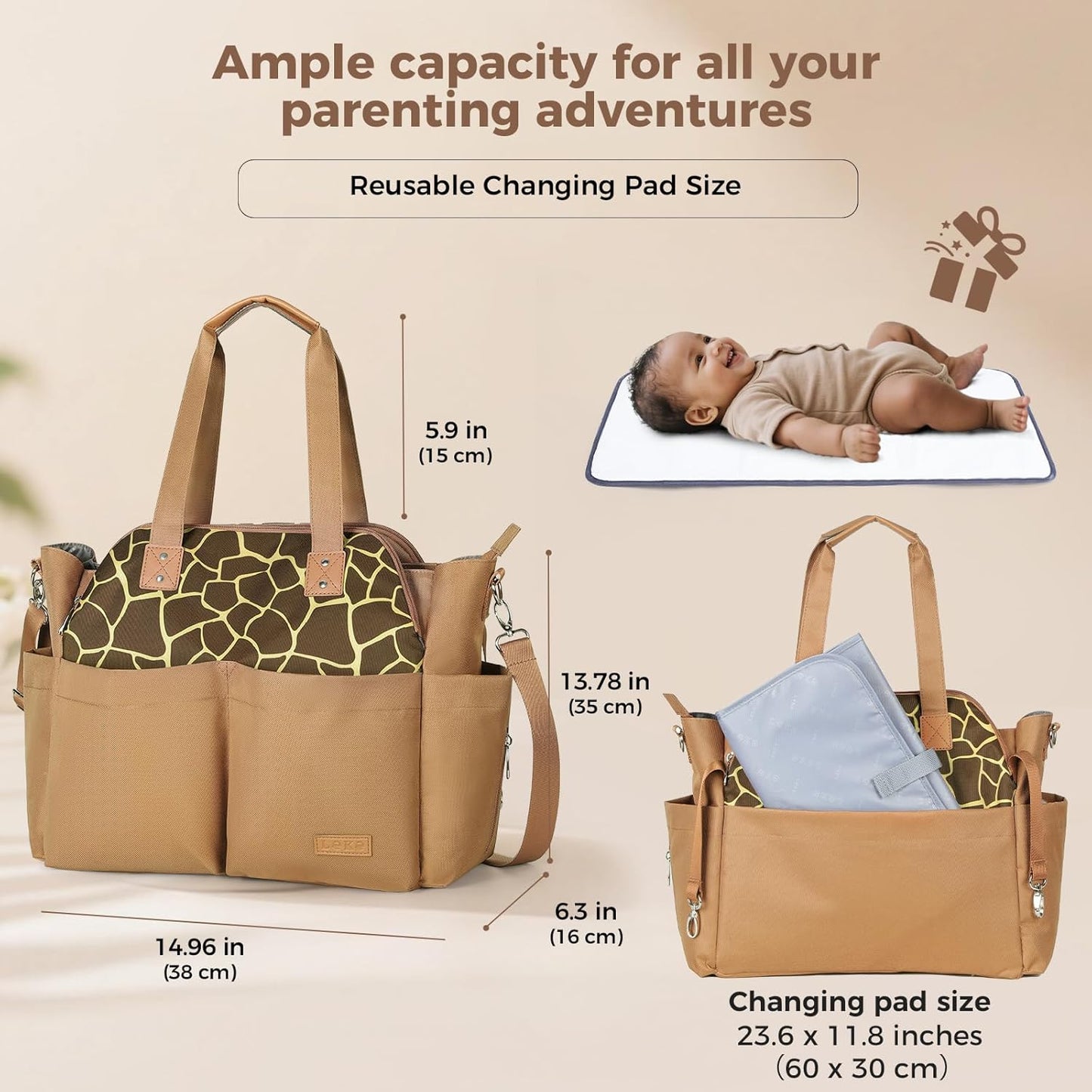 Lekebaby Diaper Bag Tote, Large Diaper Bags Waterproof,Large Mommy Bag Tote Bag Handbag Pink Travel, Black and Beige