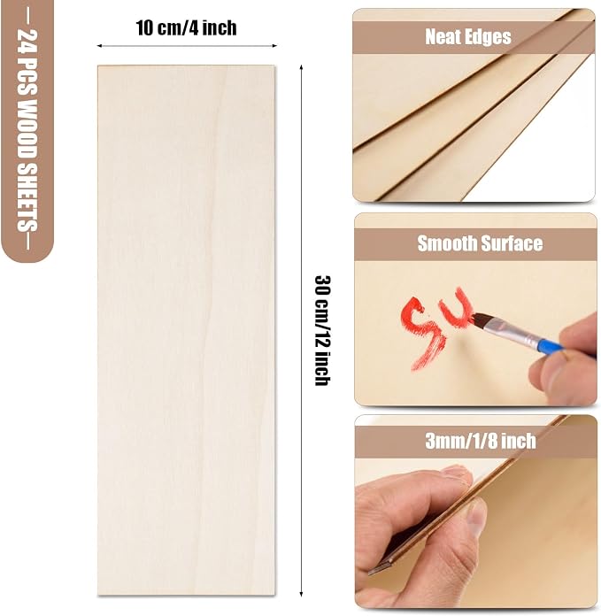 24 Pack Basswood Sheets for Crafts 12 x 4 x 1/8 Inch-3 mm Thick Unfinished
