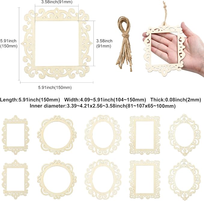 12 pcs 6 Styles Hollow Theme Undyed Wooden Photo Frames Laser Cut Oval Square