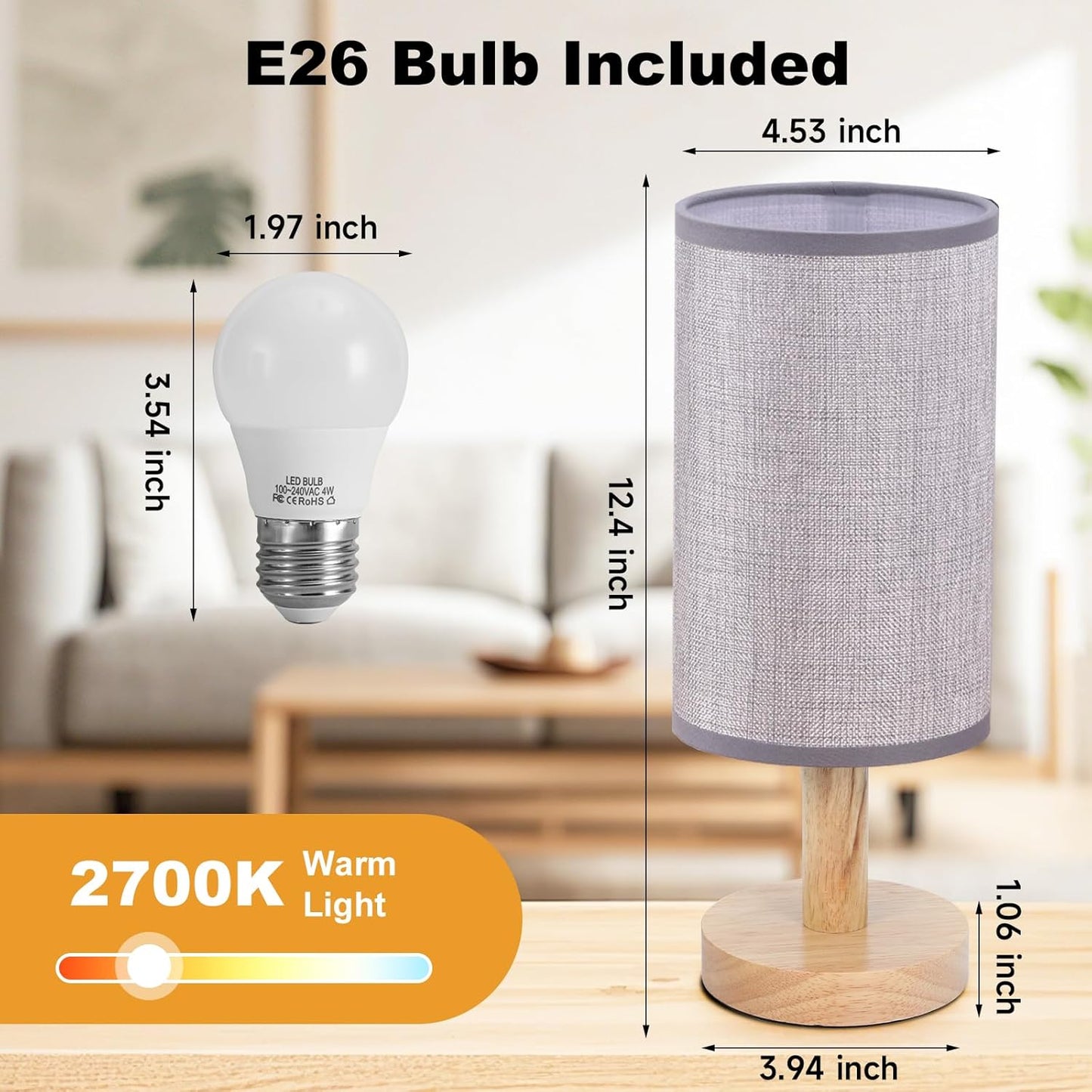 Gray Small Bedside Table Lamp for Bedroom,Natural Round Wood Base&Fabric Linen Shade,Cozy Night Table Light for Study Reading,Minimalist Boho Desk Lamp for Nightstand,Living Room,Nursery,Kitchen,Dorm