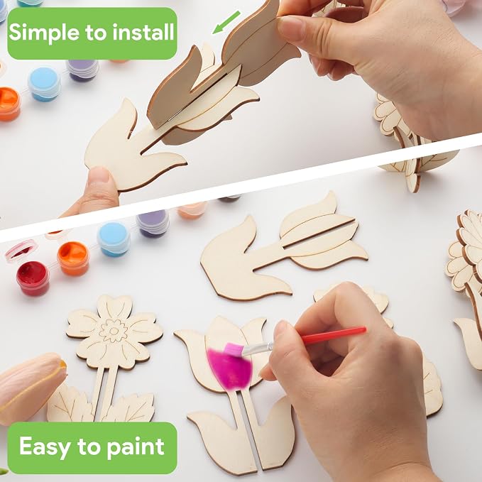 3D Wooden Flower Crafts to Paint, 4 Styles Flowers Ornaments