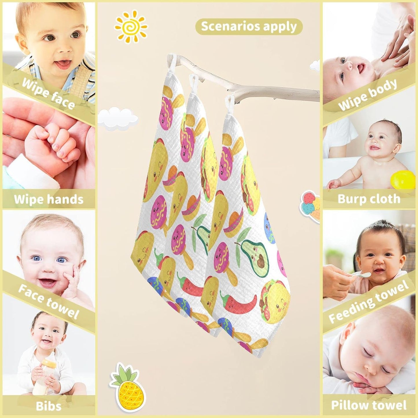 Funny Mexican Food Characters Seamless Pattern Baby Muslin Washcloths Set of 5 Burp Cloths Soft Absorbent Baby Wash Cloth Fingertip Face Towels for Newborn Boys Girls 12 x 12 Inch