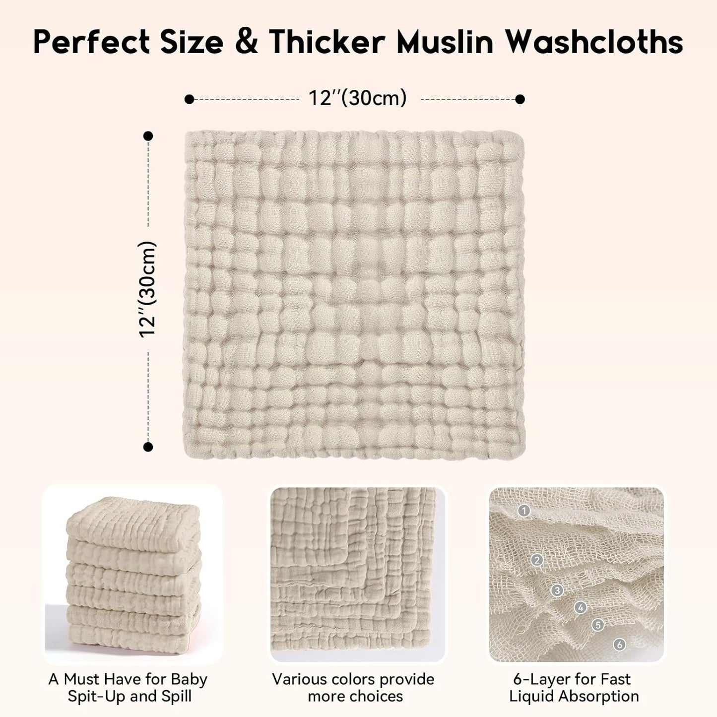 Muslin Baby Washcloths 6 Pack, 100% Cotton Wash Cloths for Babies, Large 12''X12'' Burp Cloths Absorbent and Soft for Newborn Infants Kids Boys Girls - Apricot
