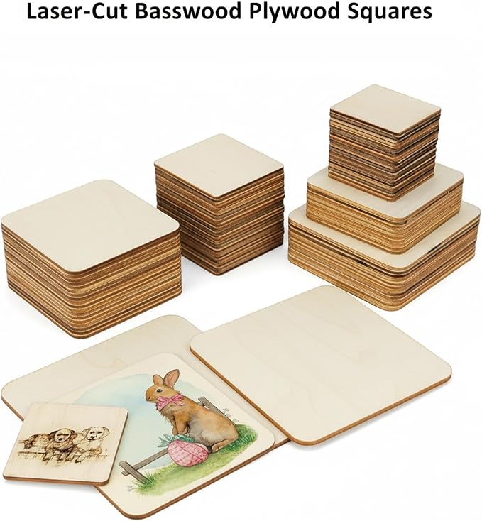 48 Piece Unfinished Blank Wood Sheets, 3 Different Size Wood Square Slices