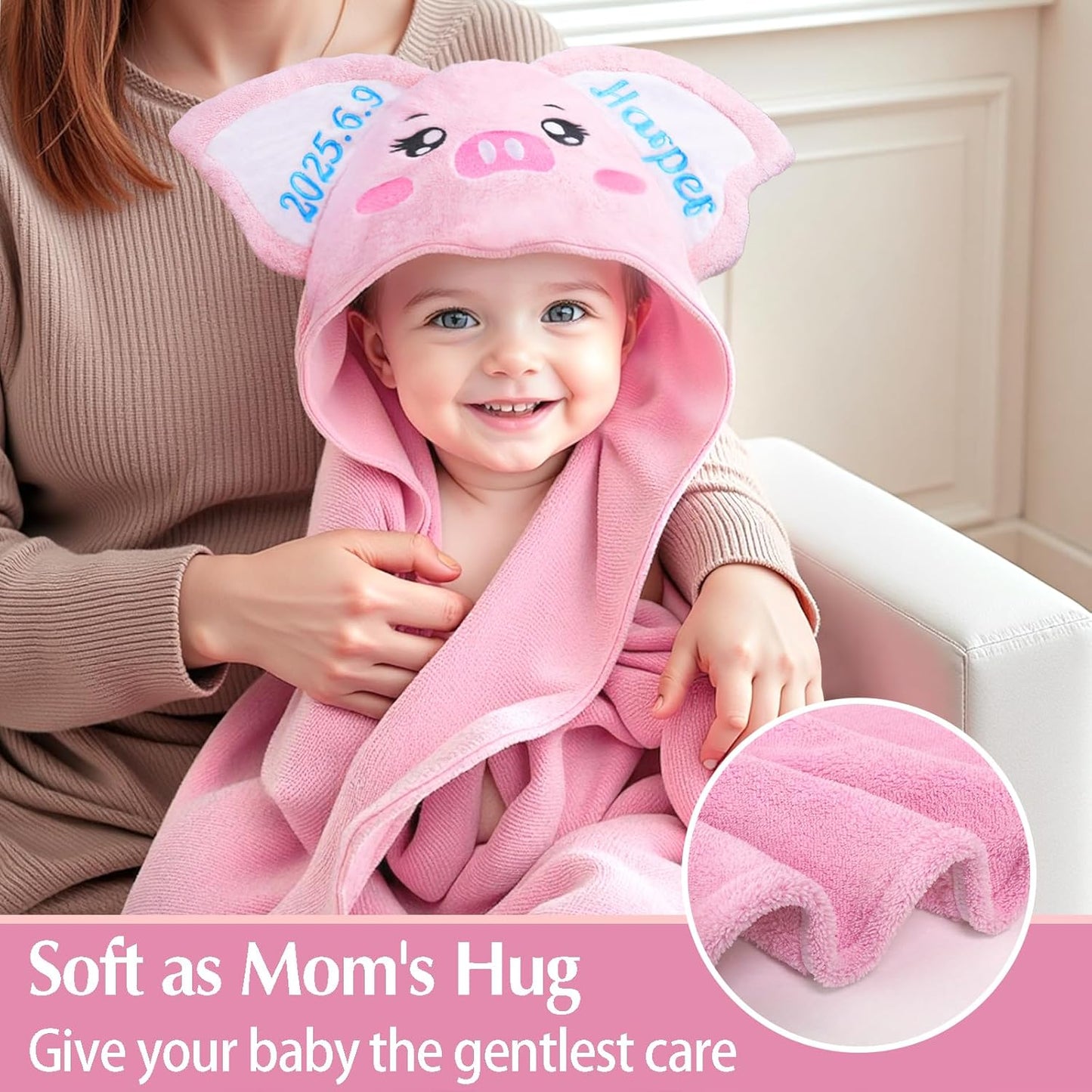 Custom Hooded Baby Towel with Name, Soft and Absorbent Customized Pig Toddler Towels, Baby Bath Towels for Boys and Girls, Easter Birthday Towel for Kids，Babies, Toddlers, Newborns Essential