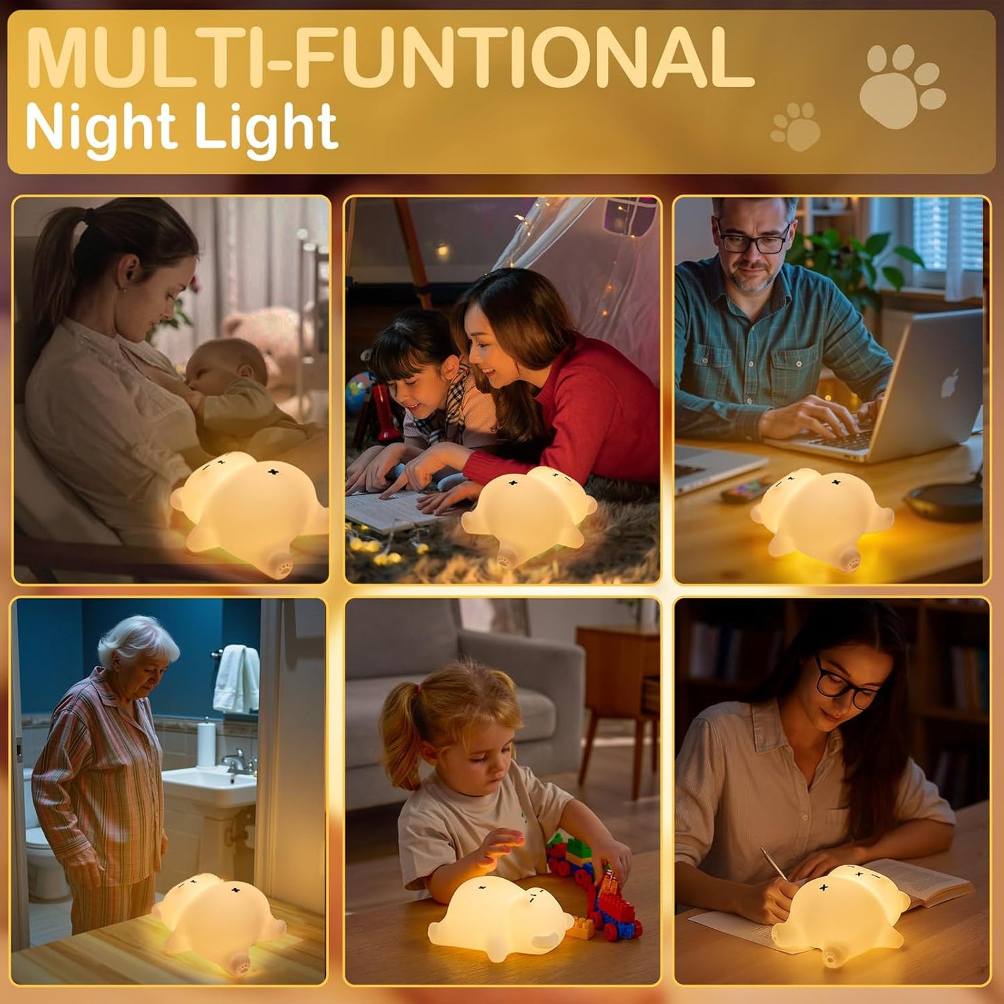Snoring White Bear Night Light, Rechargeable Squishy Lamp - Silicone Nursery LED Animal Dimmanble Touch Nightlight - Bedroom Cute Funny Birthday Christmas Gifts for Kids, Boy, Girls