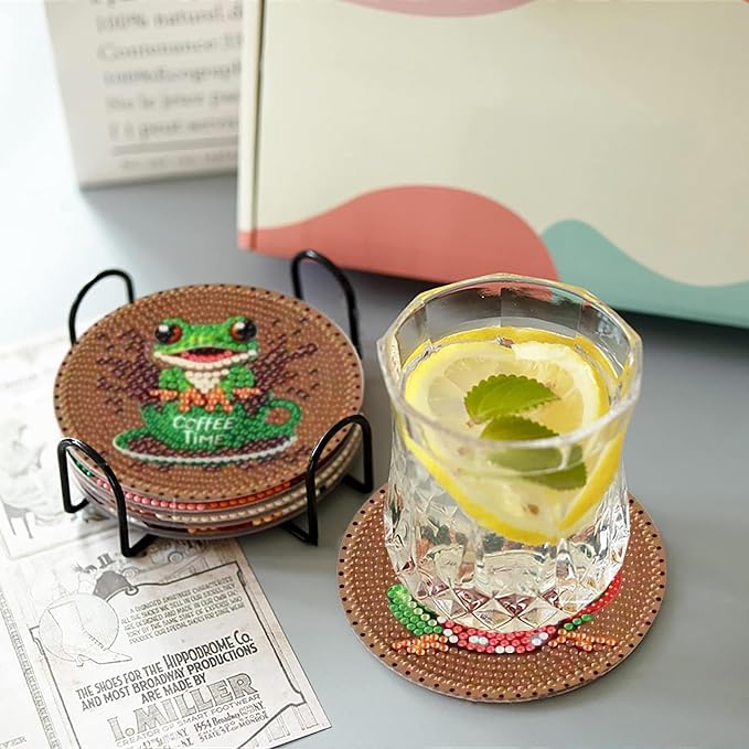 Clendo 8 PCS Coffee Frog Diamond Art Coaster Kits