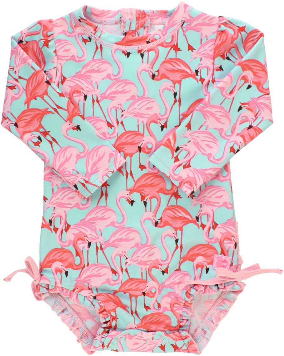 RuffleButts Baby Girls UPF 50+ Sun Protection Novelty Print Long Sleeve One Piece Rash Guard Swimsuit with Zipper