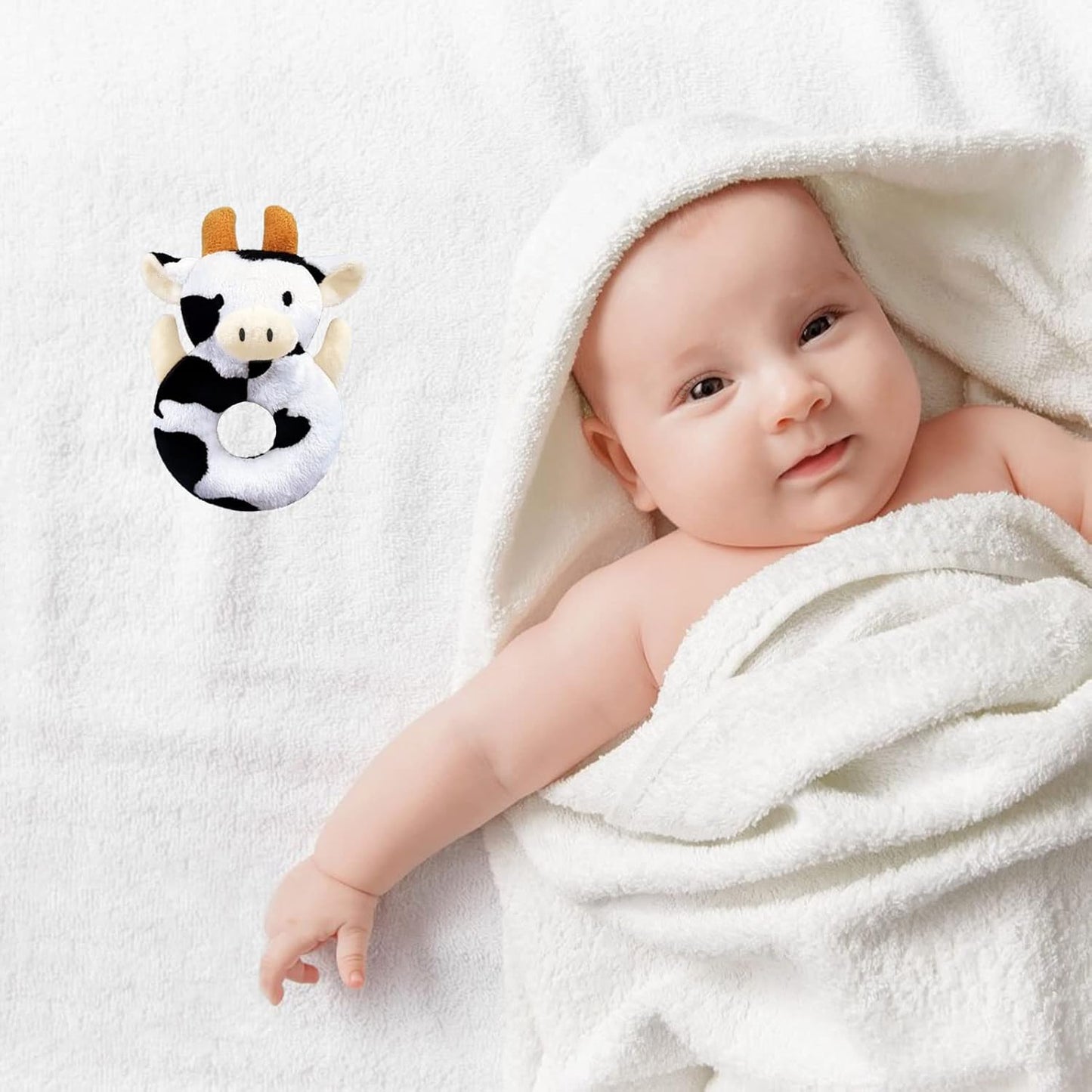 Baby Cow Soft Rattle Toy, Dairy Cattle Plush Infant Shaker Rattle Easy-Grasp Stuffed Animal Toy, Gifts for Newborns Babies Toddlers Boys Girls, Orange Horns, 6 Inches