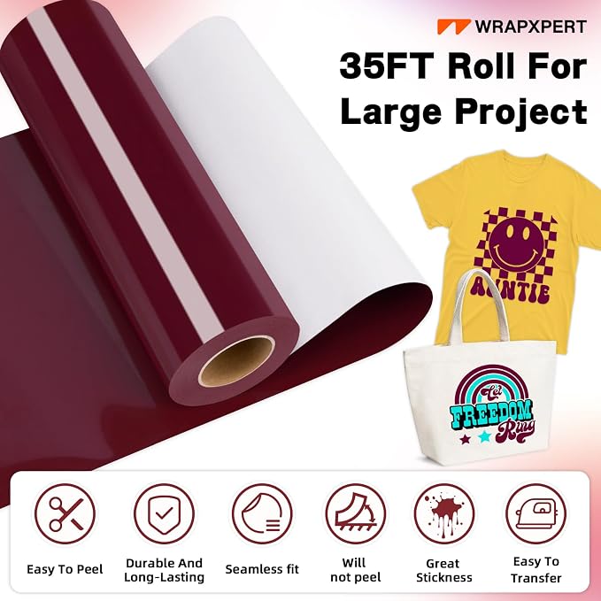 WRAPXPERT Maroon HTV Vinyl Roll-12 x35ft Iron On Vinyl