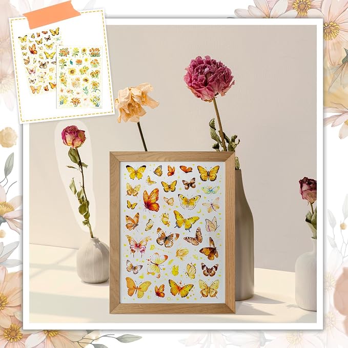 50+Pcs Transparent Golden Floral Butterfly Scrapbook Stickers Pack, Sunflower