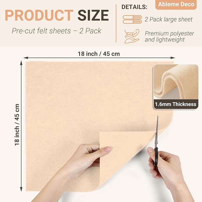 Beige Felt Fabric Sheets 18" x 18" 1.6mm Soft Craft Felt Squares | Soft Precut