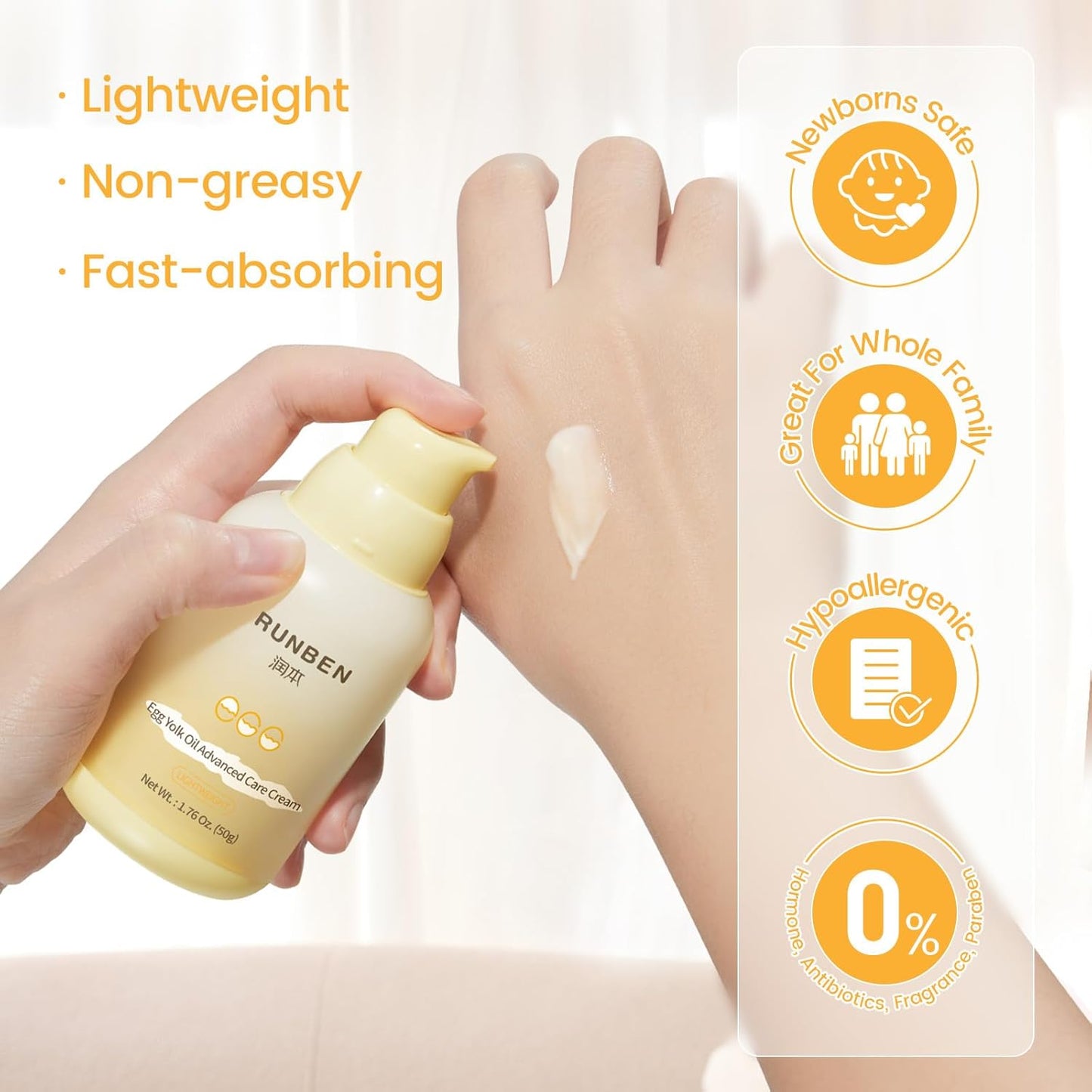 RUNBEN Baby Face Cream with Egg Yolk Oil, 48H Deep Moisturizing, Gentle & Non-Greasy Kids Face Lotion, Dry & Sensitive Skin Care for Baby, Fragrance-Free, 1.76 oz