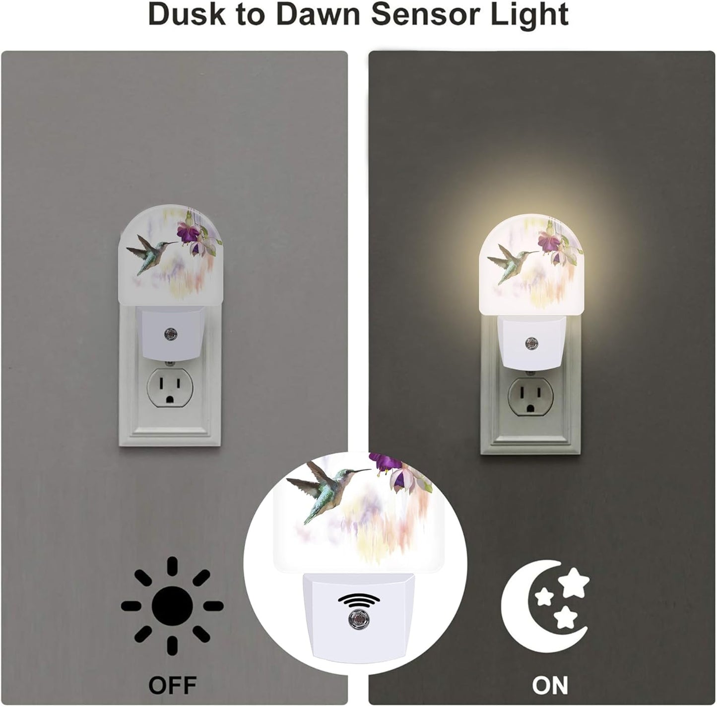 Hummingbird Flowers Night Light for Kids,Groovy Cute Bird Floral Night Light Plug in with Dusk to Dawn Sensor,0.5w Energy Saving Sleep Friendly Nightlight for Hallway Stairway Kitchen Bedroom