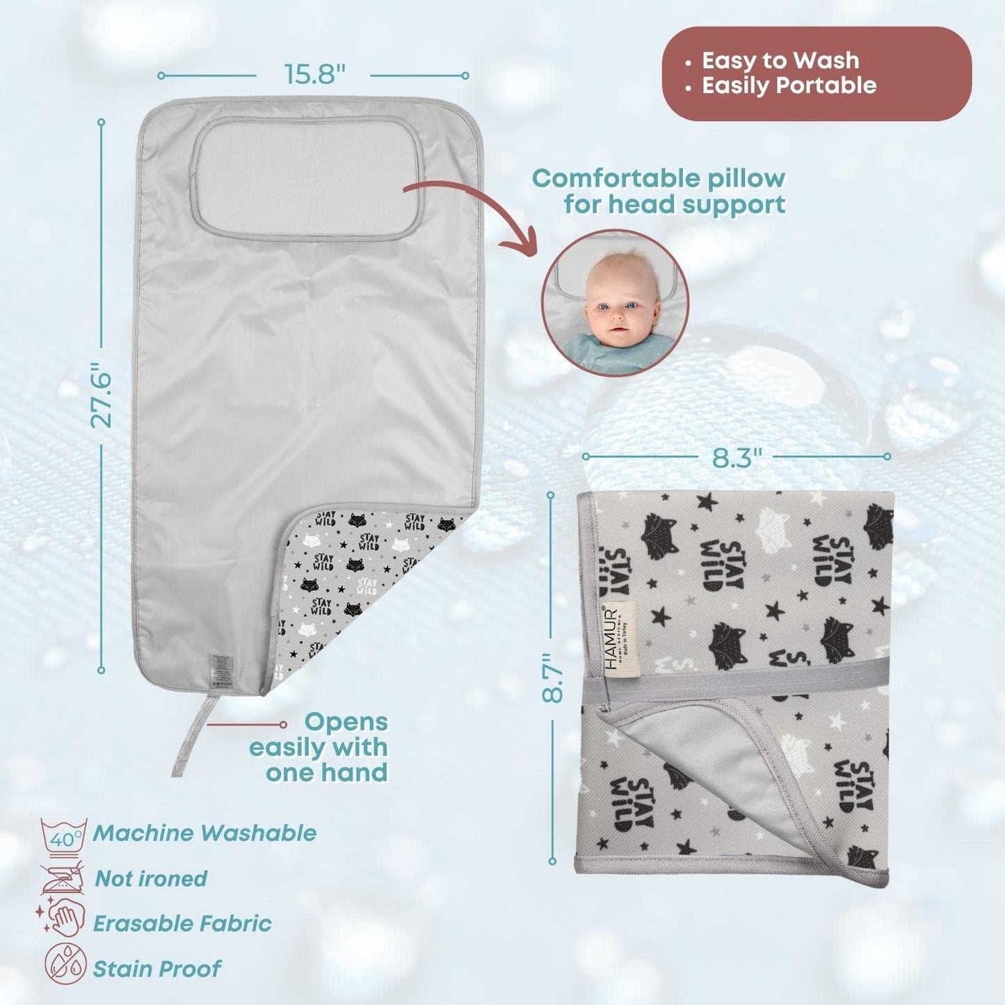 Hamur Home Portable Changing Pad – Waterproof, Washable & Easy Wipe Clean, Foldable Travel Baby Changing Mat for Diaper Bag, Compact & Lightweight, Must-Have for Newborns (Fox Pattern)