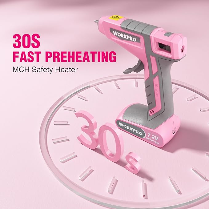 WORKPRO Pink Cordless Hot Melt Glue Gun, 7.2V Rechargeable Fast Preheating Glue