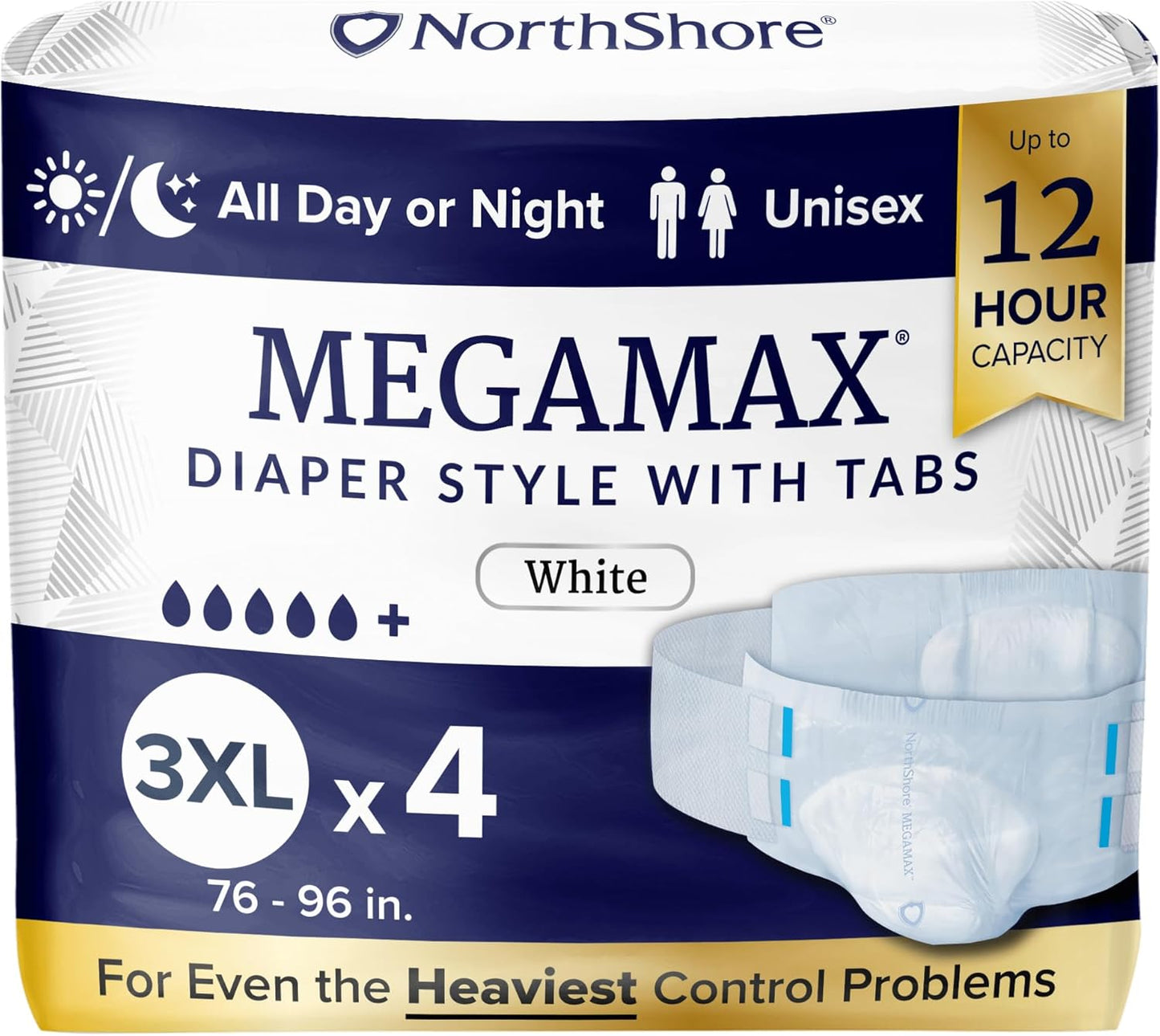 NorthShore MegaMax Adult Overnight Diapers, 12-Hour Tab-Style, 3X-Large, 4 Count Starter Pack, White, 76-96 inches, Unisex Incontinence Underwear