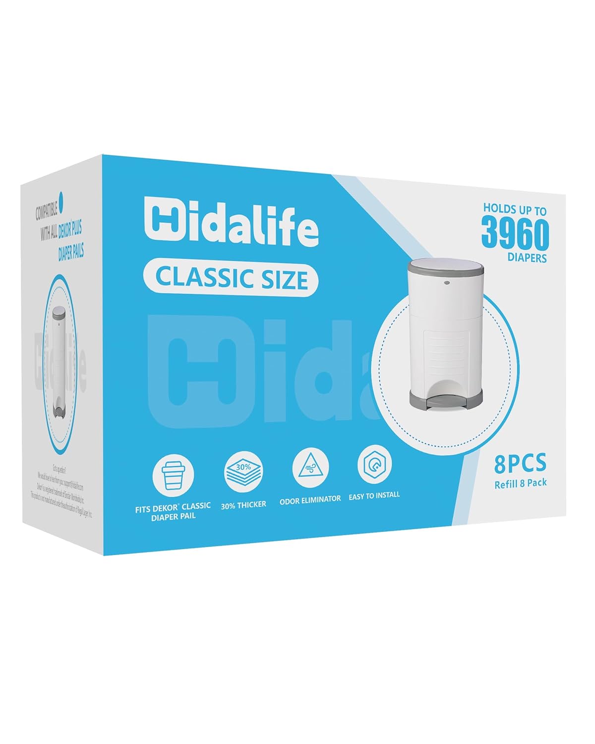 HIDALIFE Refills Compatible with Dekor Classic Diaper Pails, Disposable Diaper Trash Bags, Extra Thick Diaper Pail Refill Liners, Hold Up to 3960 Diapers (8 Pack)