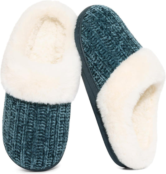 Evshine Warm Knit House Slippers for Women Comfy Wool-Like Lined Chenille Slippers with Memory Foam and Indoor Outdoor Soles