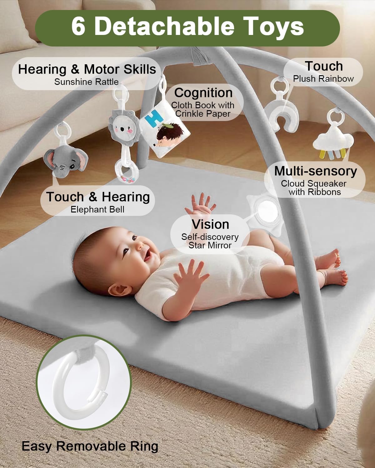 Baby Play Gym with Soft Foam Mat – Removable & Machine Washable Cover, Velvet Tummy Time Mat with 6 Sensory Toys, Non-Slip Activity Mat for Infant Development, Newborn Essentials Gift, Grey