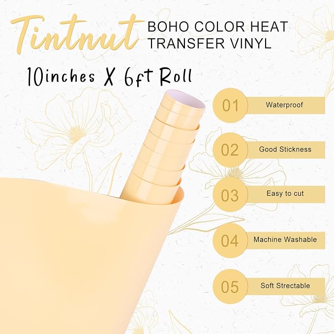 Tintnut Light Yellow Heat Transfer Vinyl, 10inx6ft Iron on Vinyl | Neutral boho