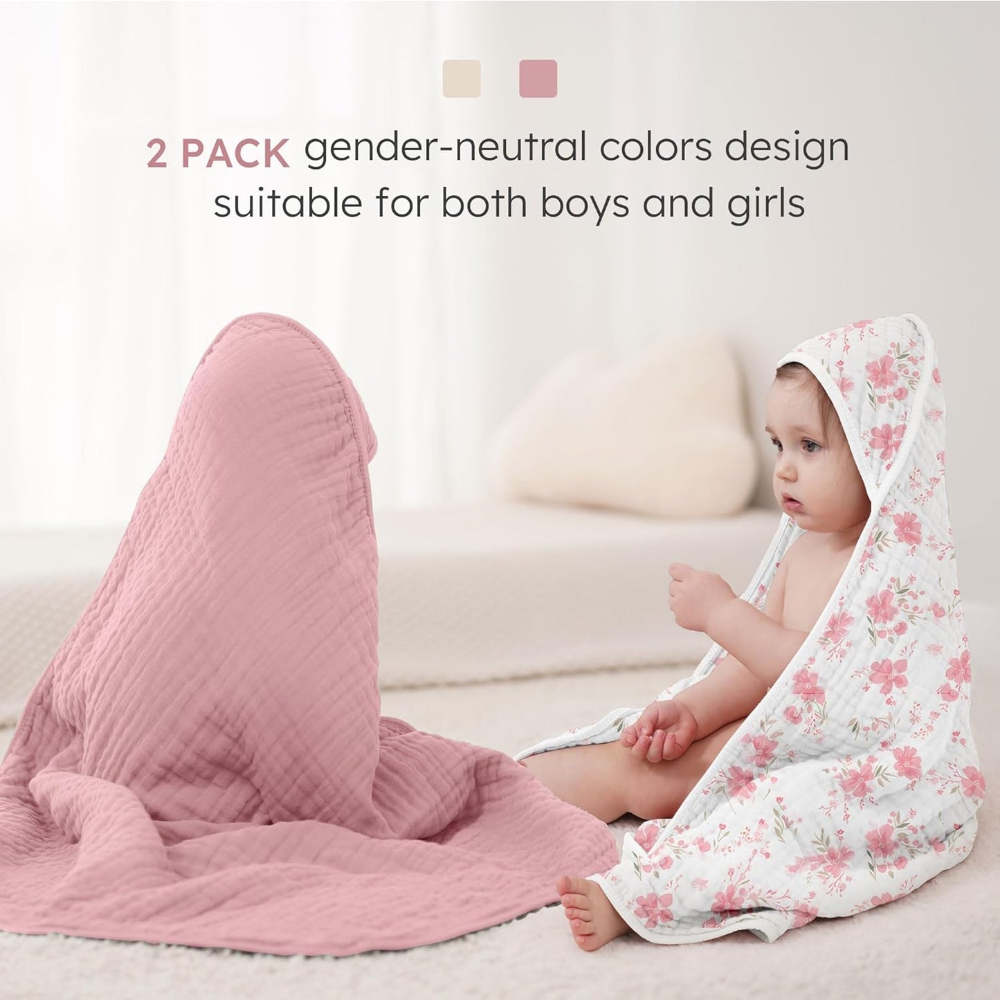 Looxii Baby Bath Towels 2 Pack Muslin Hooded Baby Towels for Newborn and Infants, 100% Cotton, Large 32x32Inch, Soft and Absorbent Pink+Flowers