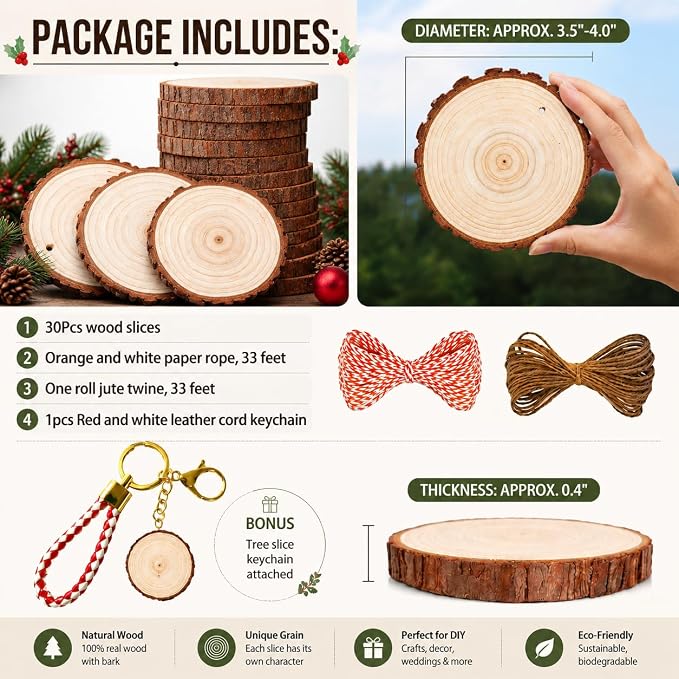 SENMUT Wood Slices 30 Pcs 3.5-4.0 inch Natural Rounds Unfinished Wooden Circles
