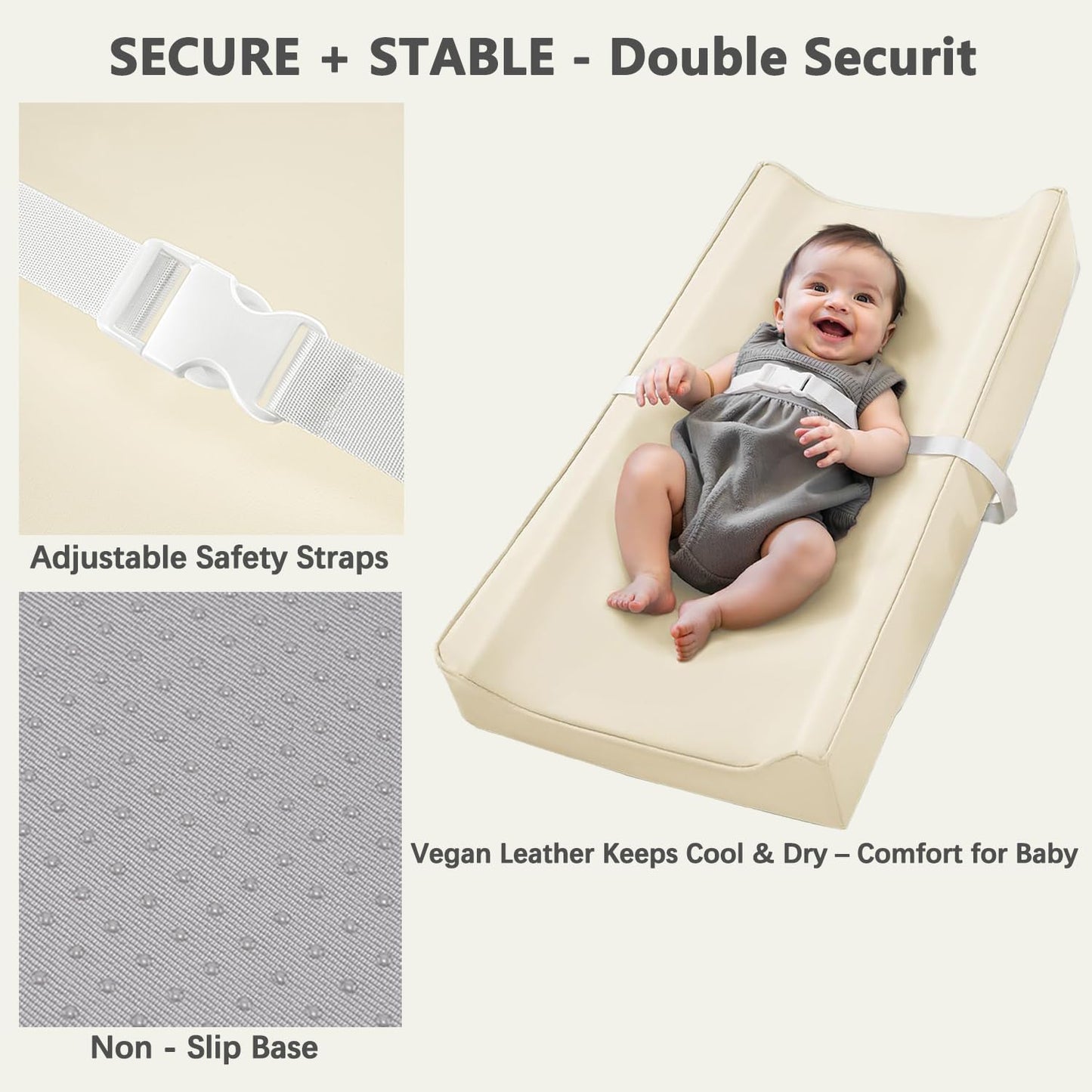 Vegan Leather Changing Pad Cover with Zipper - 31"X 16" - Waterproof Wipeable, Extra Thick & Portable & Non-Slip Diaper Mat - Fits Standard Changing Tables (White)