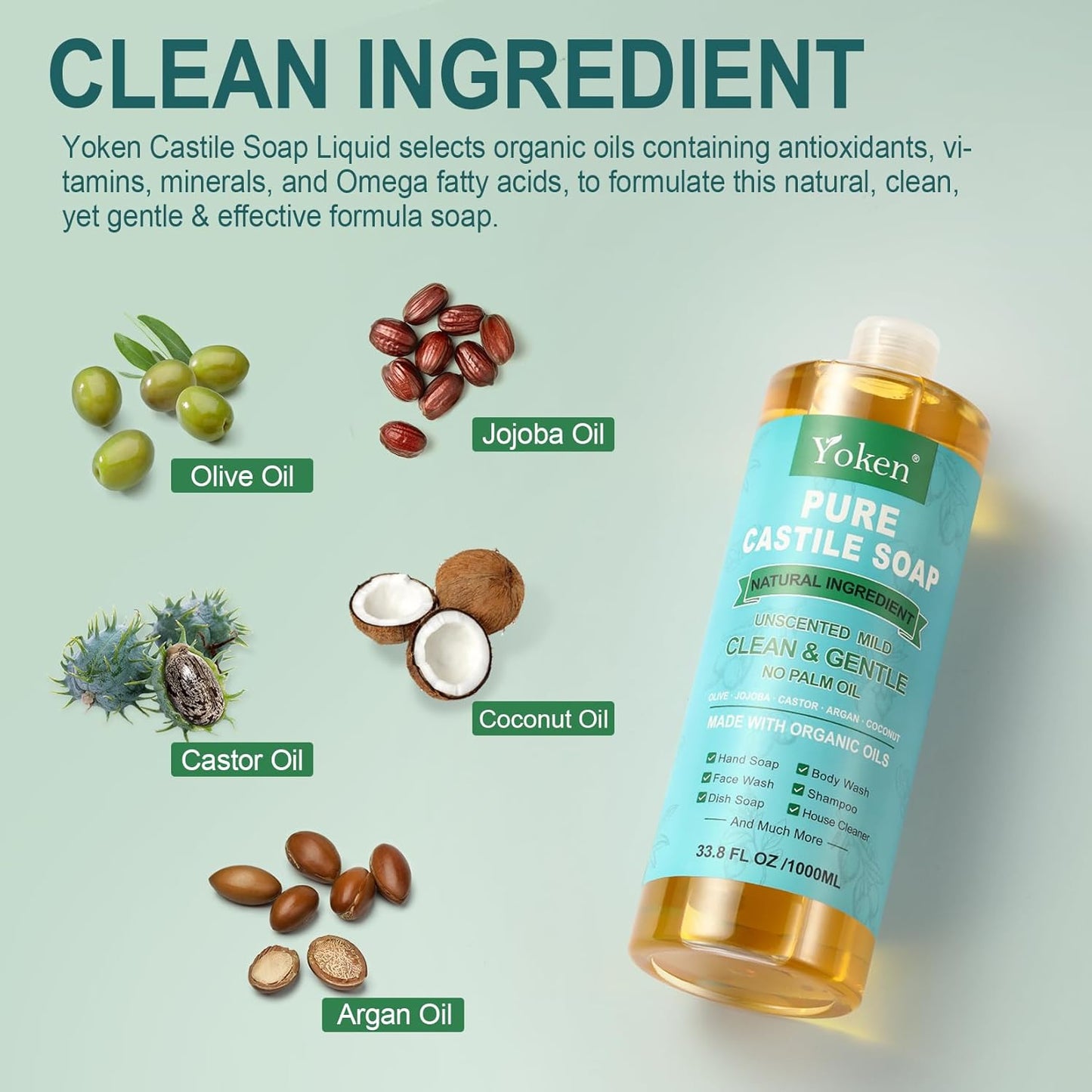 Pure Castile Soap Liquid Unscented 67 fl oz Castile Liquid Soap Made With Organic Oil, Clean & Gentle, No Palm Oil, Vegan, Natural Castille soaps for Face Body Hand Wash, Dishes Multi-purpose
