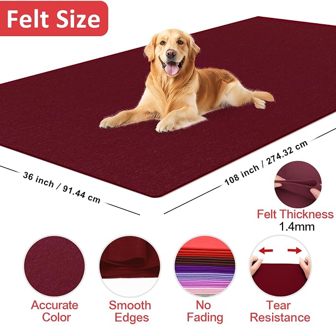 XSEINO Burgundy Large Felt Fabric 108" X 36 ", 1.4 mm Thick Soft Felt Fabric