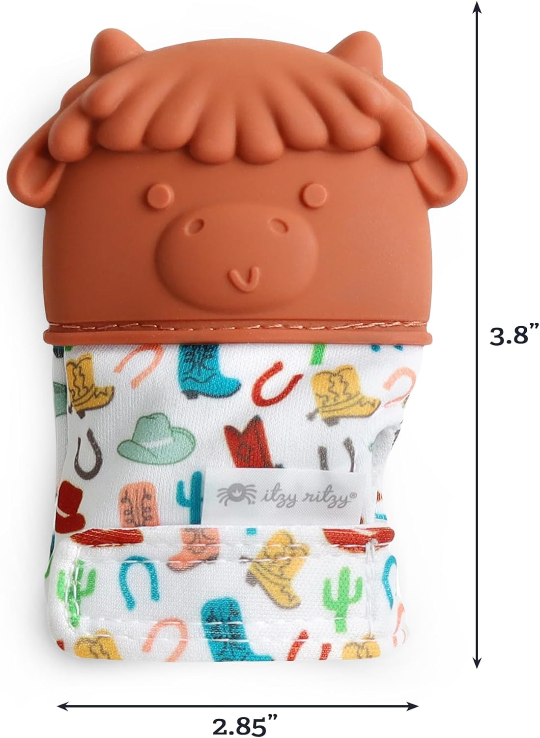 Itzy Ritzy Silicone Teething Mitt - Soothing Infant Teething Mitten with Adjustable Strap, Crinkle Sound & Textured Silicone to Soothe Sore & Swollen Gums - for Ages 3 Months & Up (Cow)