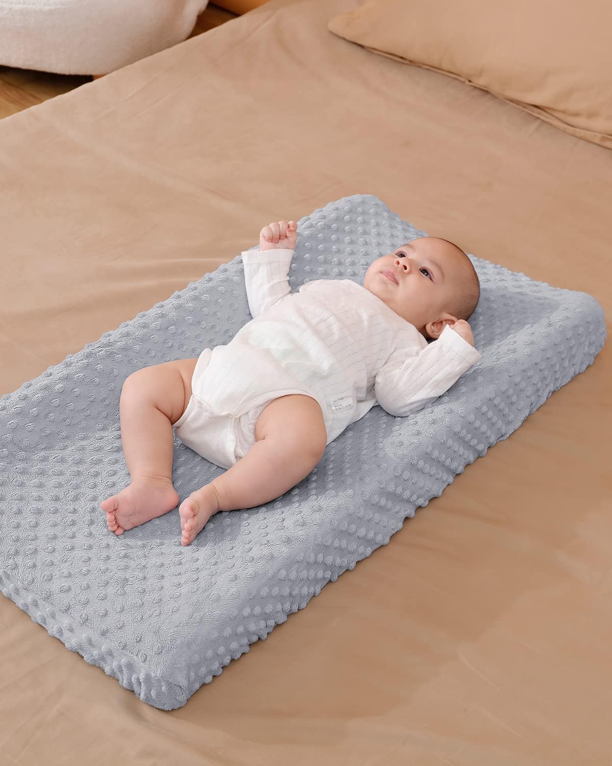 2 Pack Solid Changing Table Pad Cover Cradle Sheet, Fits 32"/34''x16 Contoured Diaper Changing Pad, Dots Plush Changing Table Covers(Beige + Grey)