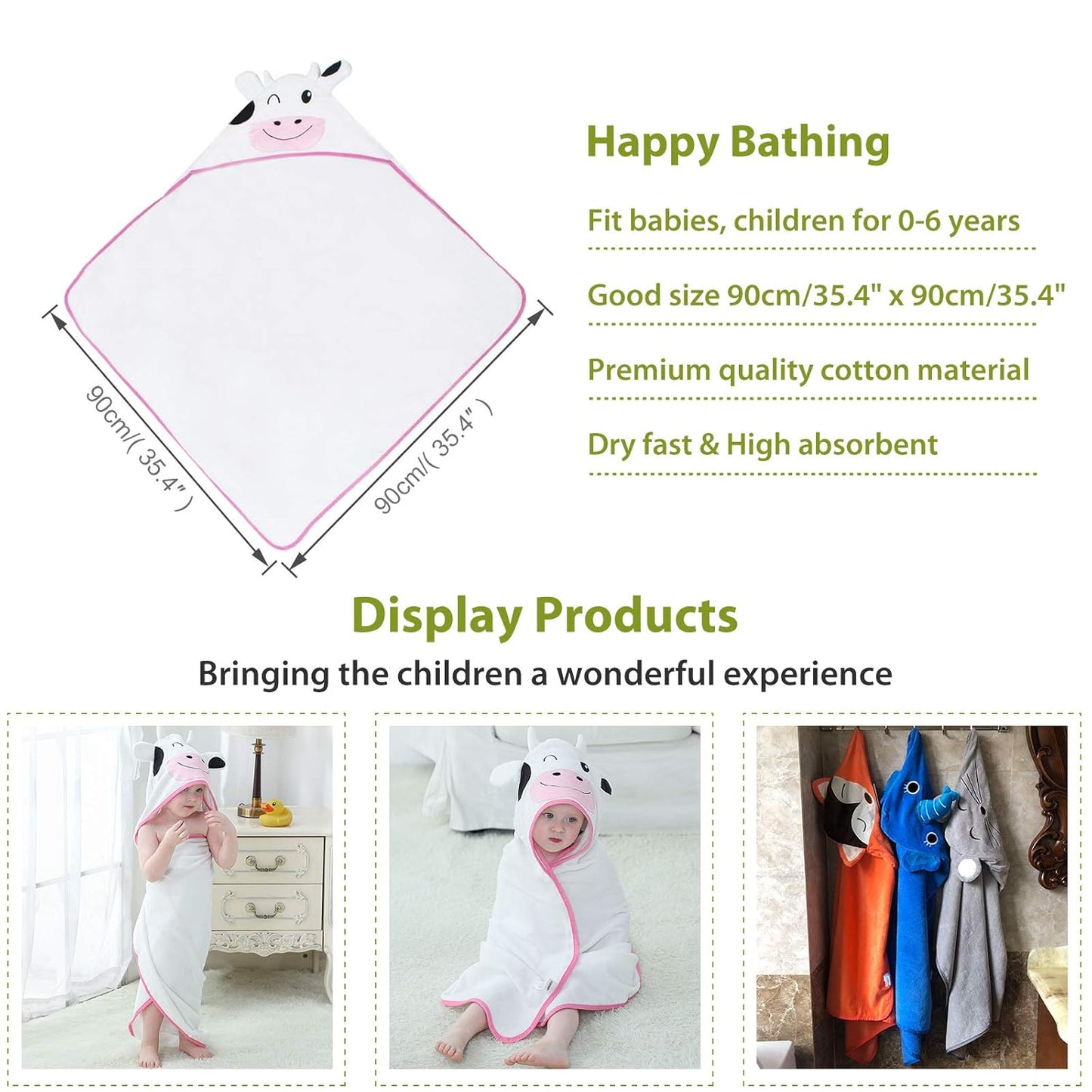MICHLEY Unisex Baby Animal Hooded Bath Towel Soft Cotton Beach Swimming Bathrobe for 0-6T, Cow