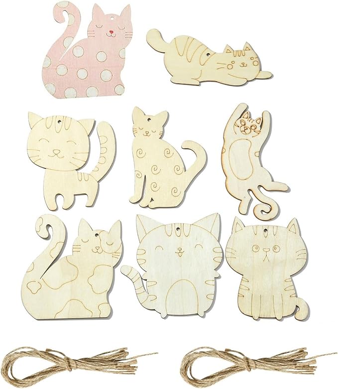 40 pcs Mixed Styles Lovely Cat Theme Unfinished Wood Cutout Charms Kitten Pet