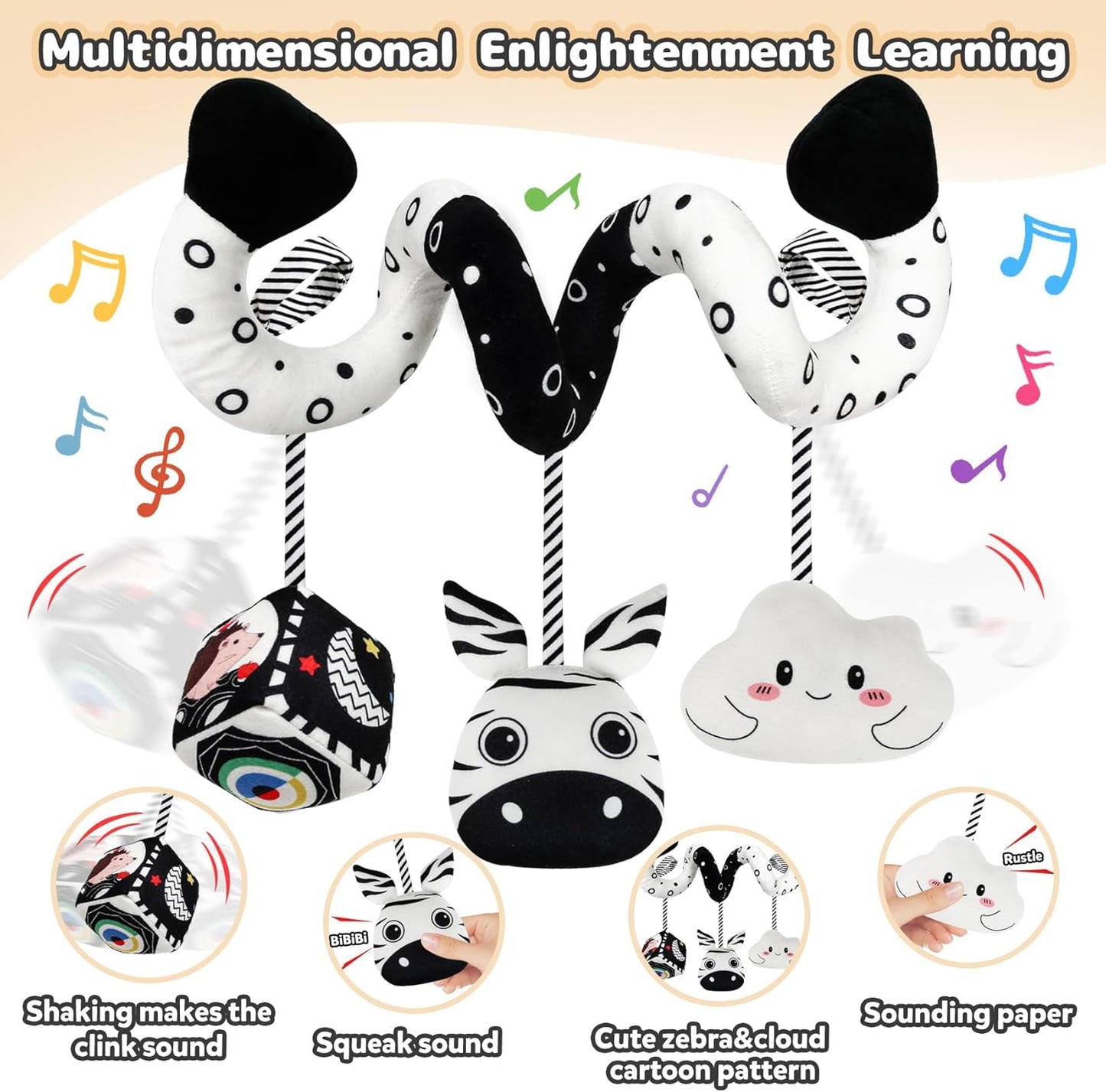 Car Seat Toys for Babies 0-6 Months,Hanging Rattle Toys for Crib Mobile, Baby Spiral Hanging Stroller Black and White High Contrast Toys for Newborn 0 3 6 9 12 Months Baby Boys Girls (Zebra)