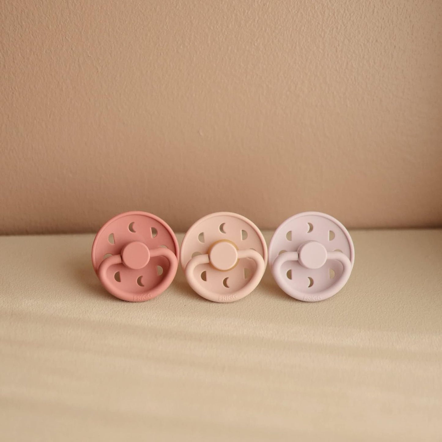 FRIGG Moon Natural Rubber Baby Pacifier | Made in Denmark | BPA-Free (Blush/Powder Blush, 0-6 Months) 2-Pack