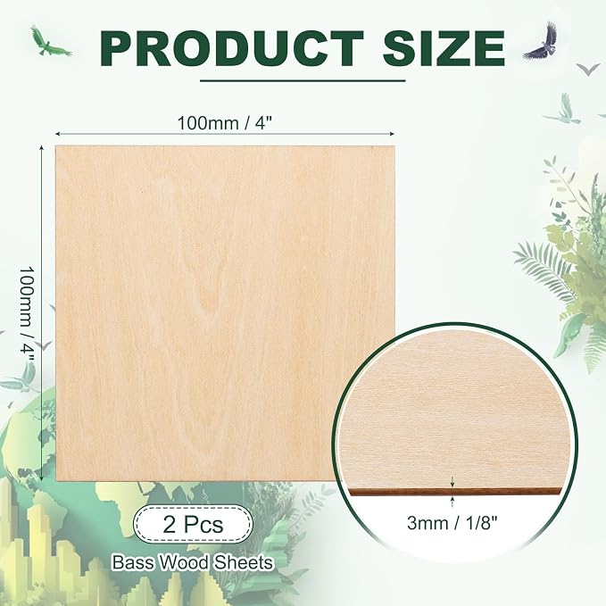 HARFINGTON 2pcs 3mm Basswood Plywood Sheets 4" x 4" x 1/8" Thin Unfinished