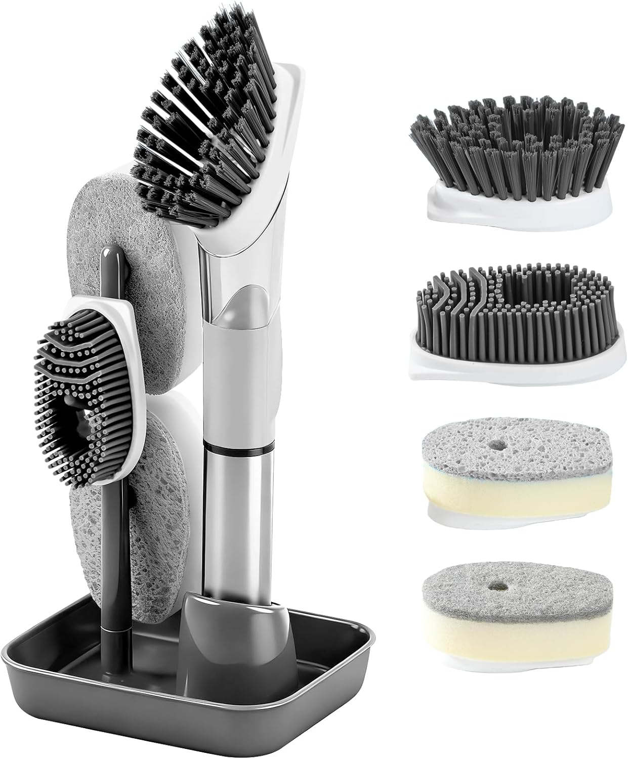 Soap Dispensing Scrub Brush - 4-in-1 Kitchen Cleaning Brush with Built-in Tank, Scraper Heads for Stubborn Grime on Pots Pans, Stand/Hang Storage-Grey