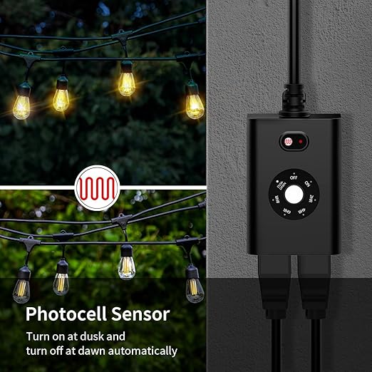 Minoston Outdoor Timer Outlet Waterproof 2 Pack, Dusk to Dawn Photocell Light Sensor Socket, 2/4/6/8 Hours Cutdown Timer, 2 Grounded Outlets for Christmas and Hallowen Deceration, Black(MP40T)