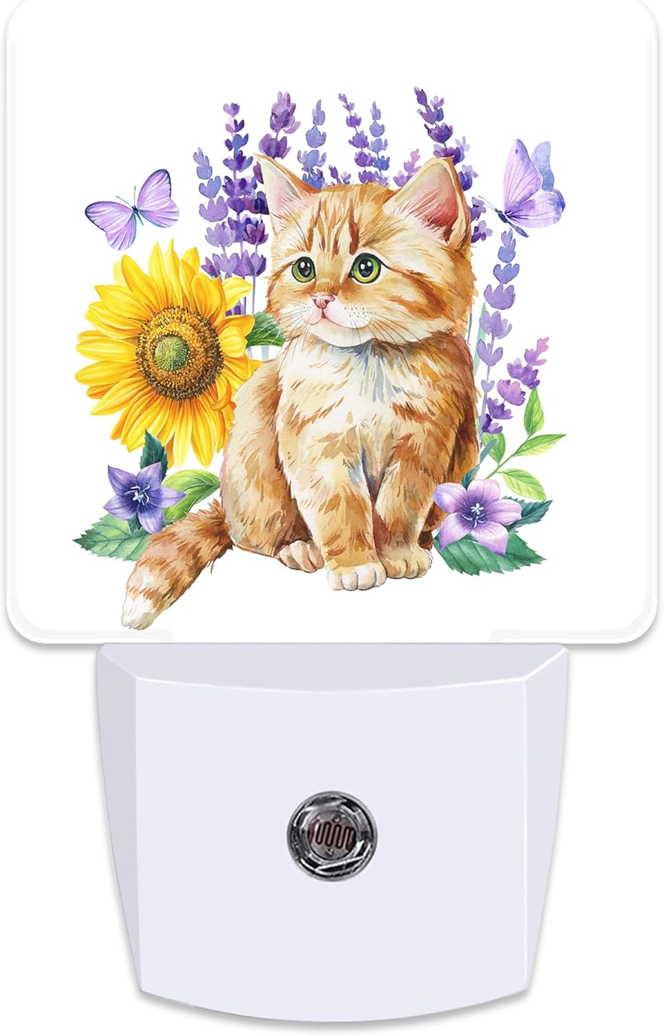 Cute Kitten and Lavender Flowers,Sunflower Butterflies Floral Plug in Night Light with Auto Dusk to Dawn Sensor,Warm Night Lights for Boys Girls Bedroom Bathroom Hallway Kids Room Gifts