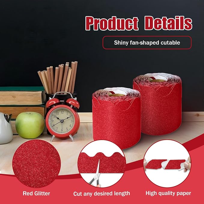 70Ft Shine Red Bulletin Board Border，Scalloped Poster Boards Decorations Trim